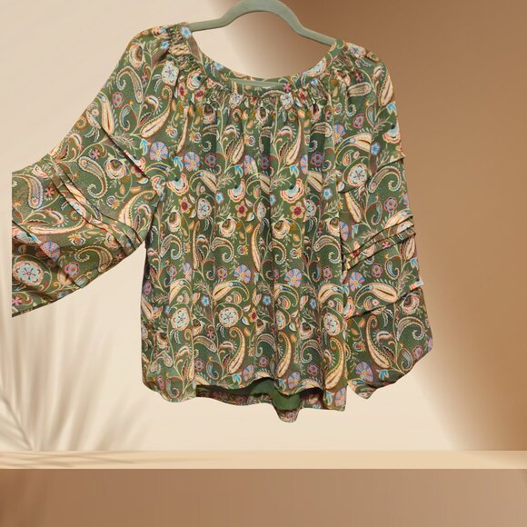 LOFT Green Paisley Off-Shoulder Blouse | Size L - Picture 4 of 4